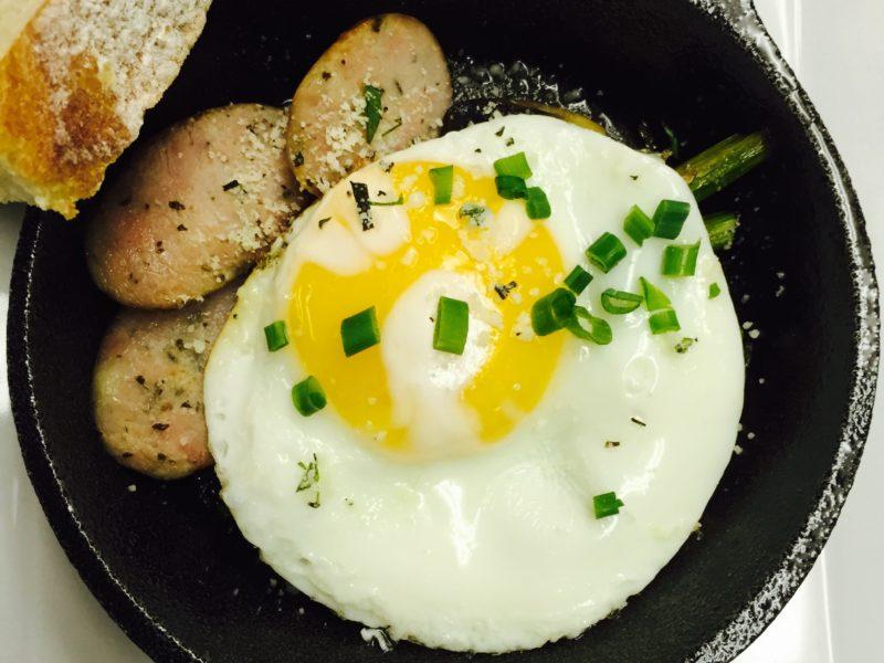 Sunny Egg w/ Chicken Basil Sausage in a Mini Cast Iron Skillet