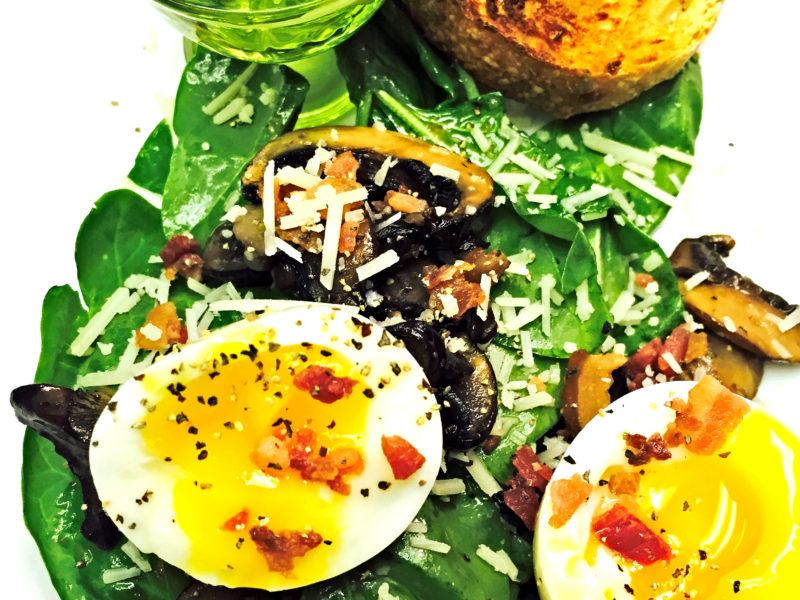 Warm Spinach Salad w/ Champignon & Soft Boiled Eggs